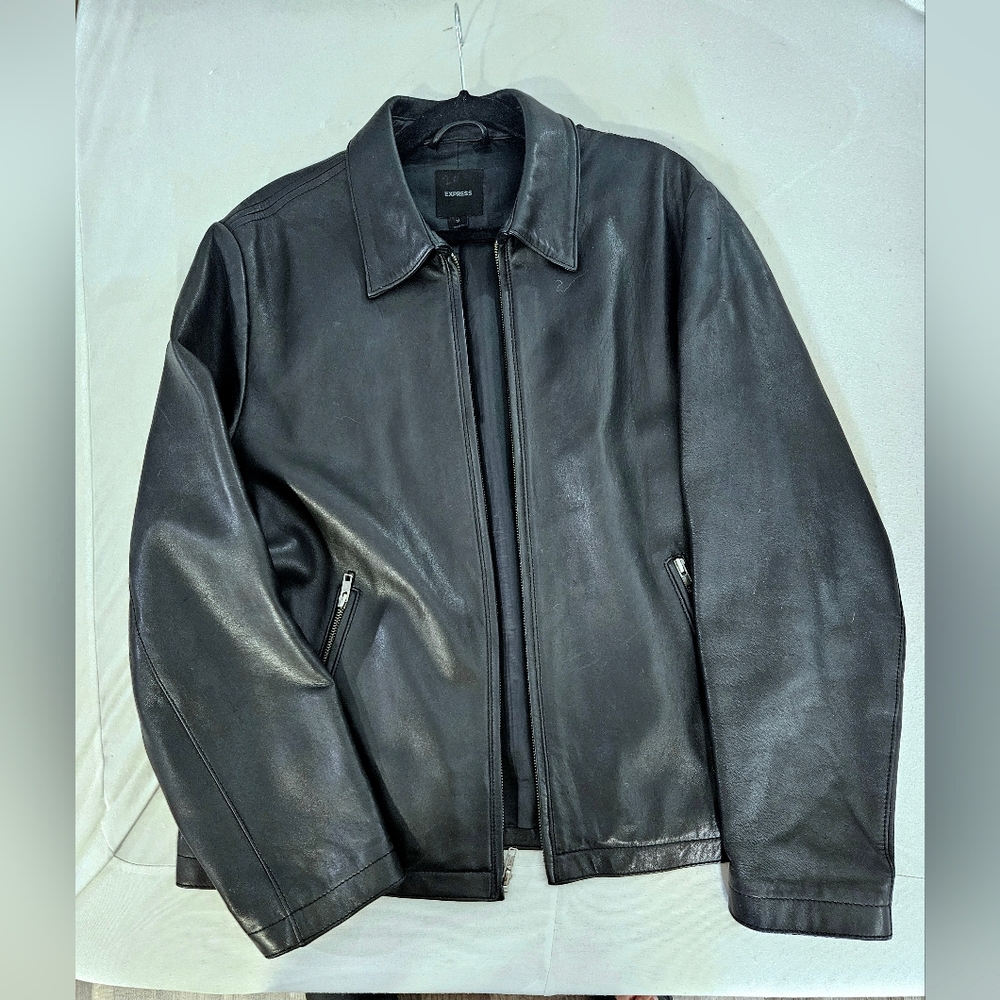 Express Men Black Leather Jacket (Medium)